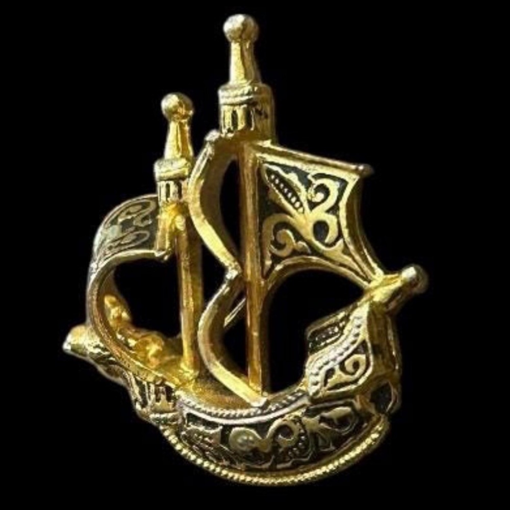 ✨ 1960s Damascene Mid-Century Ship Brooch – Gold & Black Enamel ✨ - Picture 3 of 6